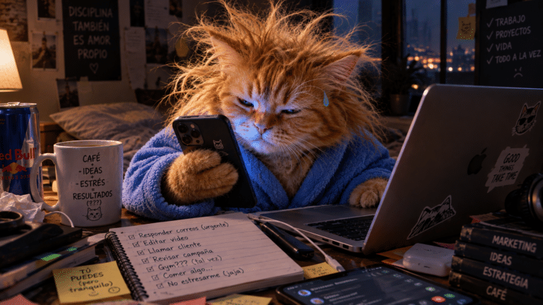Estrés en redes sociales: gato naranja con bata azul, visiblemente estresado mientras utiliza el celular y realiza varias tareas al mismo tiempo. Imagen fotorrealista que representa la sobrecarga digital, la multitarea, la presión por mantenerse conectado y el impacto del uso excesivo de la tecnología en el bienestar emocional y la salud mental.