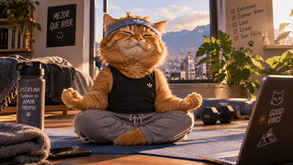 Estrés en redes sociales: adorable gato naranja vestido con ropa deportiva que practica meditación sobre una esterilla de yoga, en un acogedor apartamento con vistas a la ciudad y las montañas. La imagen transmite bienestar emocional, hábitos saludables, atención plena y equilibrio personal, e invita a reflexionar sobre la importancia de desconectarse del entorno digital para reducir el estrés y cuidar la salud mental.
