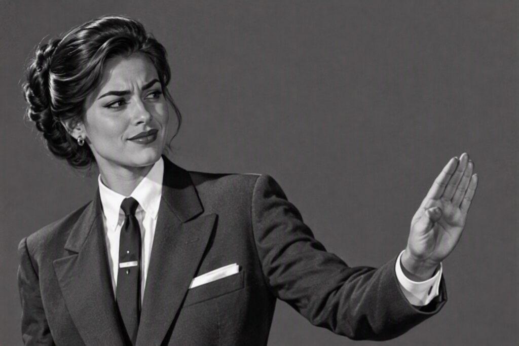 Mujer ejecutiva con traje formal levanta la mano en señal de negativa mientras expresa firmeza y seguridad al establecer límites en el trabajo.