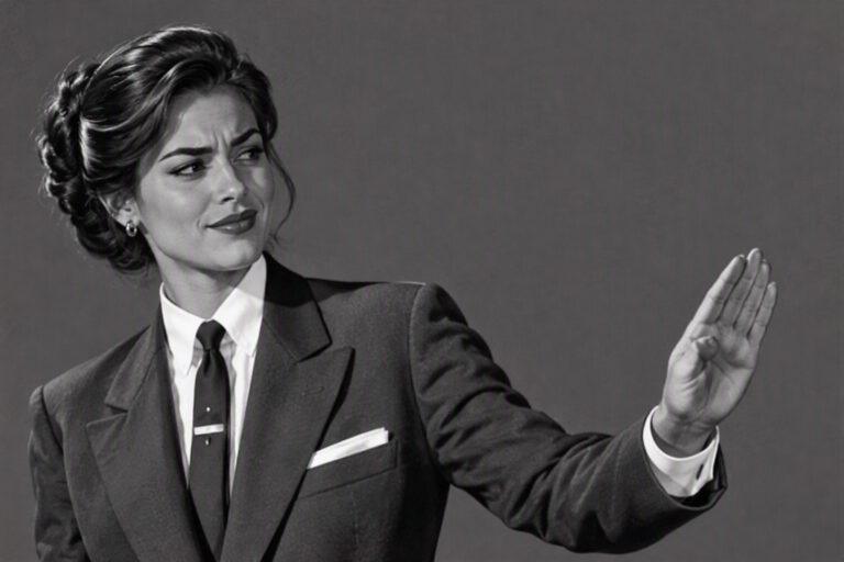 Mujer ejecutiva con traje formal levanta la mano en señal de negativa mientras expresa firmeza y seguridad al establecer límites en el trabajo.