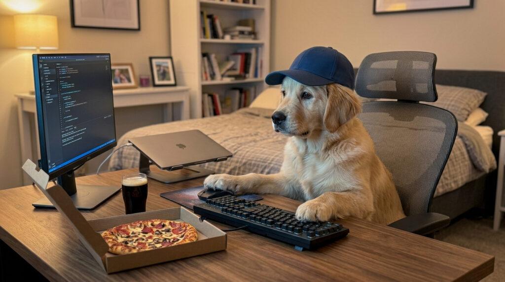 Un perrito Golden Retriever con gorra azul sentado en una silla de oficina frente a un monitor de computadora, con una caja de pizza y una bebida sobre el escritorio en su habitación.