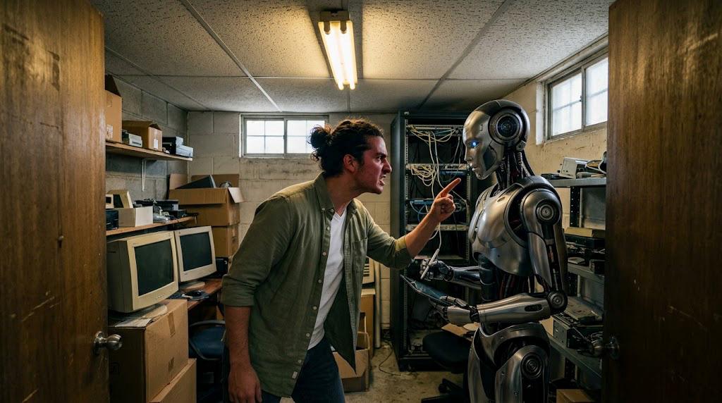 Colaborador colombiano enojado gesticulando y discutiendo frente a un robot humanoide avanzado en una oficina cerrada, representando el estrés laboral y la interacción con la inteligencia artificial.