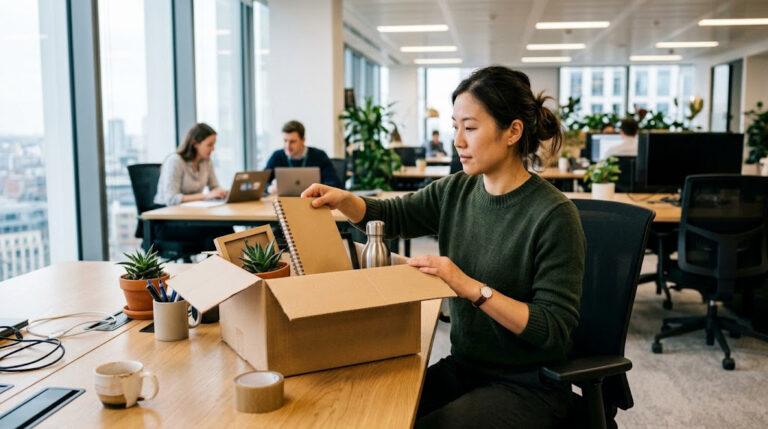 Colaboradora joven empacando sus pertenencias en una caja sobre su escritorio en una oficina moderna, representando la rotación de personal y la fuga de talento en Colombia.