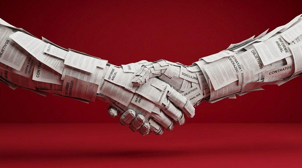 Ajuste de manos de papel sobre fondo rojo corporativo. Conoce 20 claves de liderazgo efectivo, empatía, comunicación y cumplimiento de la desconexión laboral.