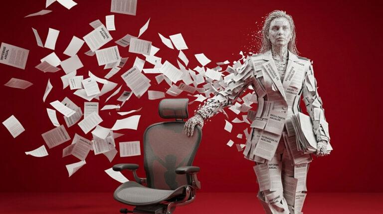Figura de empresaria hecha de documentos corporativos sobre fondo rojo. Descubre las 20 claves para ser un buen jefe, evitar la microgestión y liderar con respeto.